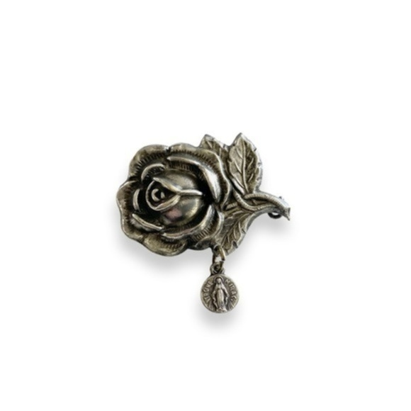 Vintage Jewelry - ROSE Vintage Brooch G Frosi Milano Silver Signed Miraculous Medal Religious Pin